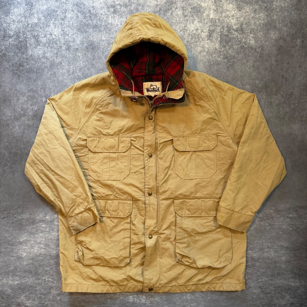 Vintage 80s Woolrich Mountain Parka Mens XXL Tan Plaid Lined Jacket USA Gorp